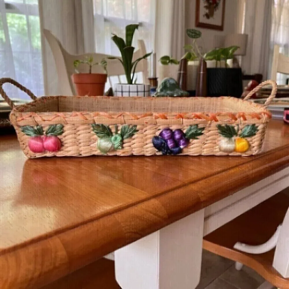Vintage Hand Made Lined Wicker Basket Colorful Fruit Design Philippines Raffia